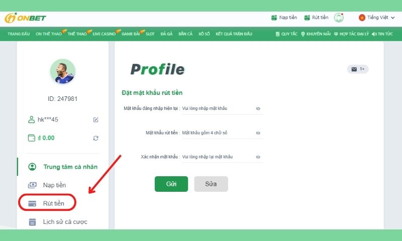 Cách rút tiền onbet thông qua máy tính